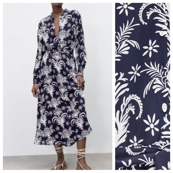 NWT. Zara Blue/White Printed Midi Dress with Belt. Size M. - Picture 2 of 10